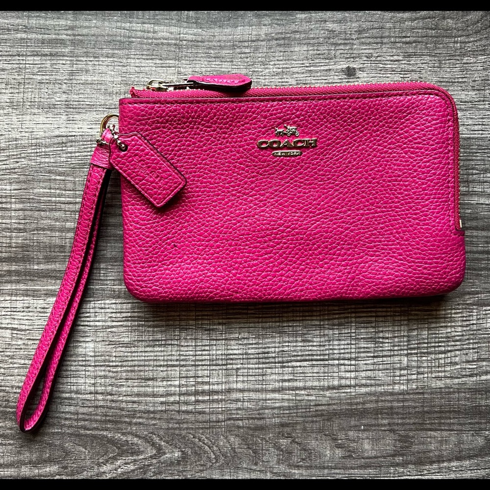 SOLD - Coach Hot Pink Pebbled Leather Double Zip Wristlet